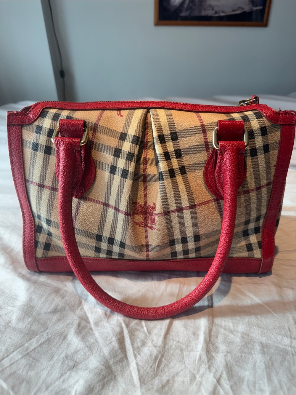 Burberry Haymarket Vintage 20th Century with Red Leather Trim